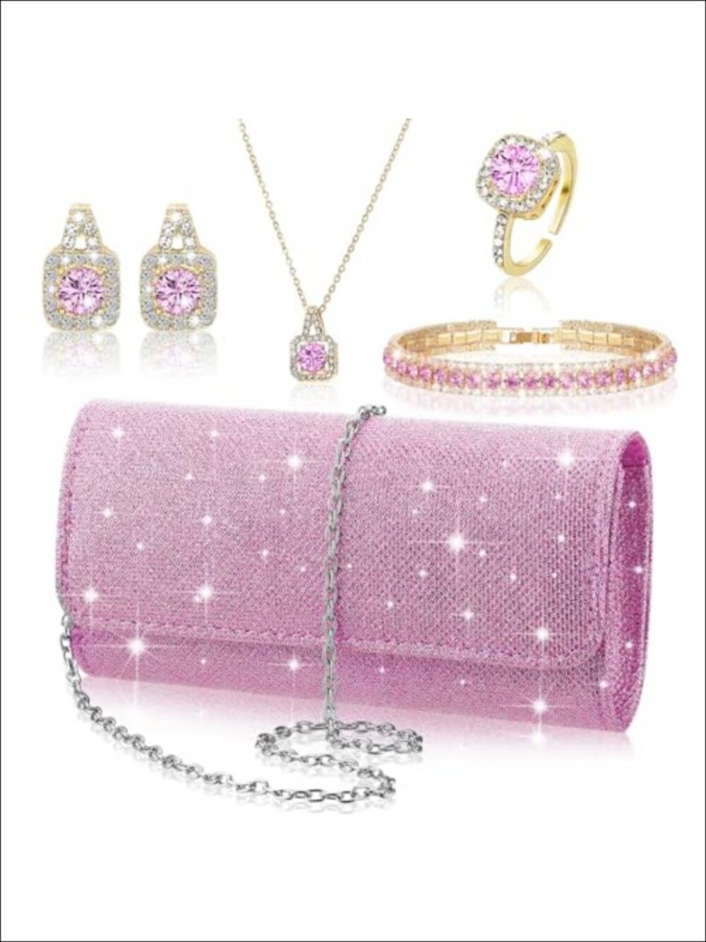 5 Pc Alloy Cubic Zircon Jewelry Set with Clutch Purse for Women